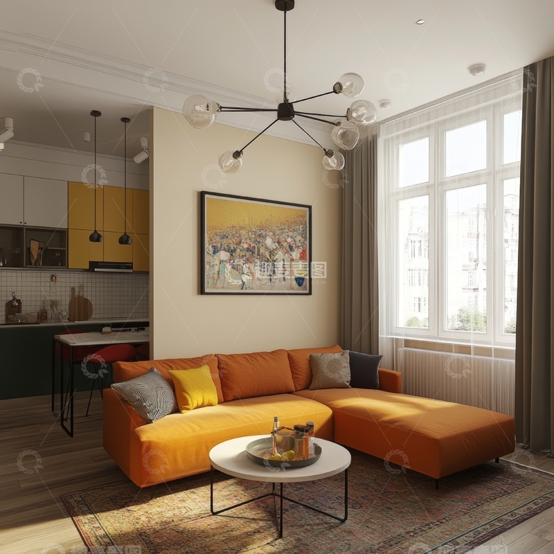 高清大图下载【趣麦麦图】现代客厅与开放式厨房设计