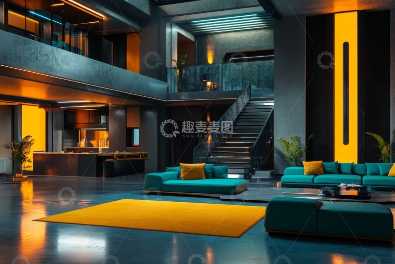 高清大图下载【趣麦麦图】现代豪华客厅与开放式厨房设计