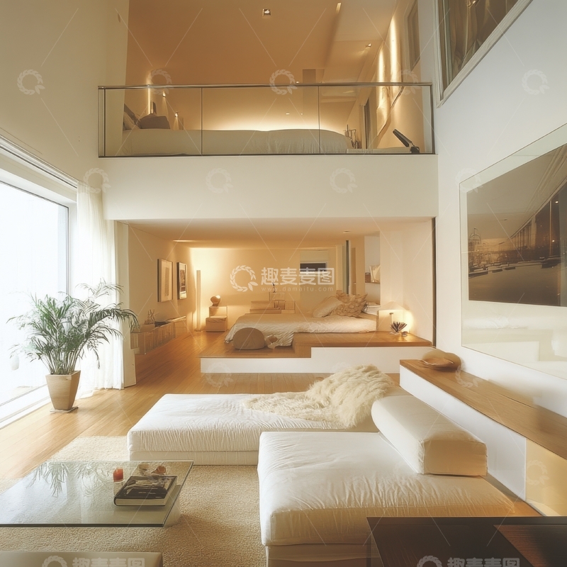 高清大图下载【趣麦麦图】现代简约风格的开放式客厅与卧室