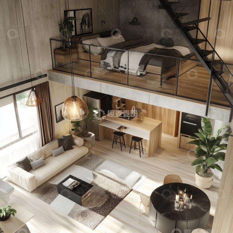 高清大图下载【趣麦麦图】现代复式公寓客厅与阁楼设计