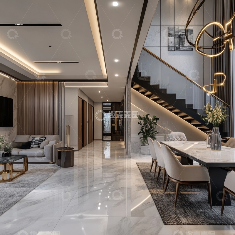 高清大图下载【趣麦麦图】现代豪华客厅与餐厅开放式设计