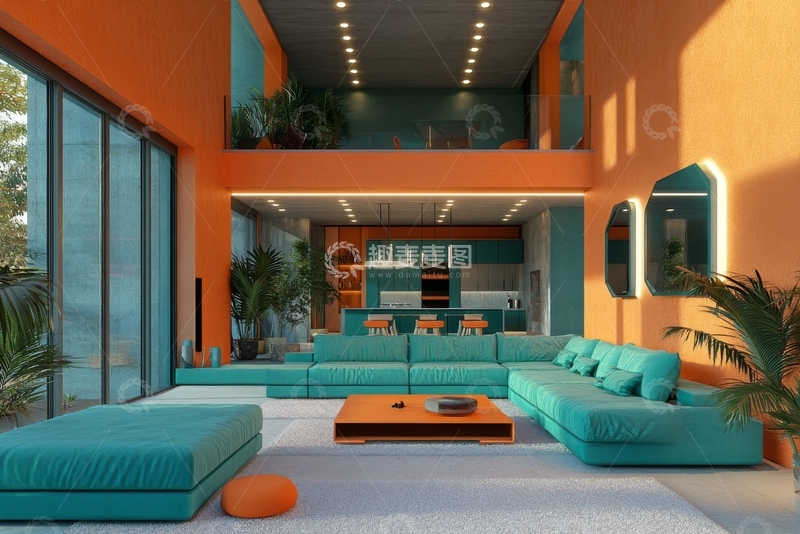 高清大图下载【趣麦麦图】现代橙蓝配色客厅设计