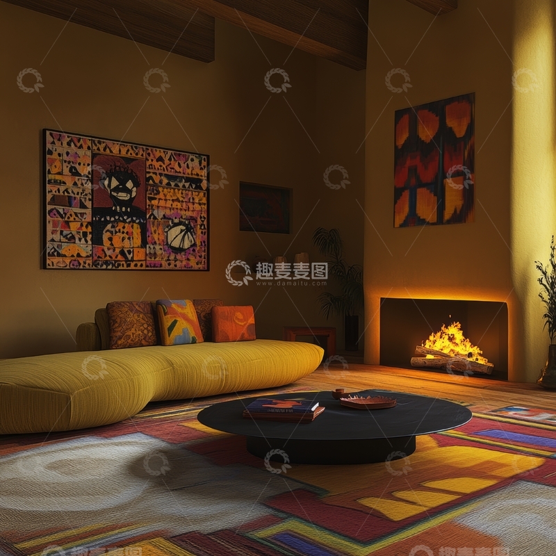 高清大图下载【趣麦麦图】温馨客厅，壁炉旁的舒适沙发