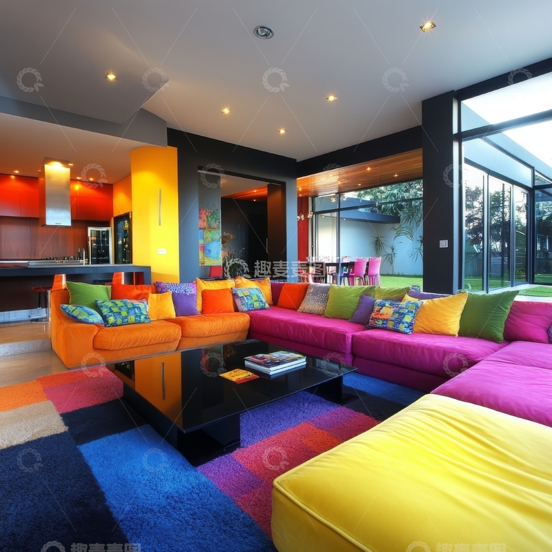 高清大图下载【趣麦麦图】现代客厅色彩斑斓的沙发与地毯