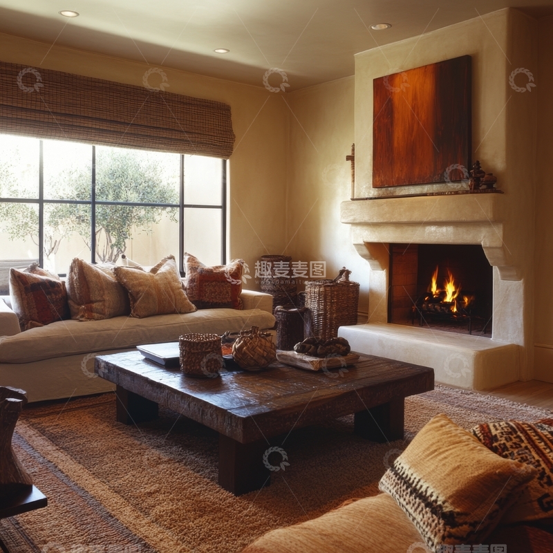 高清大图下载【趣麦麦图】温馨客厅，壁炉旁的舒适沙发与茶几