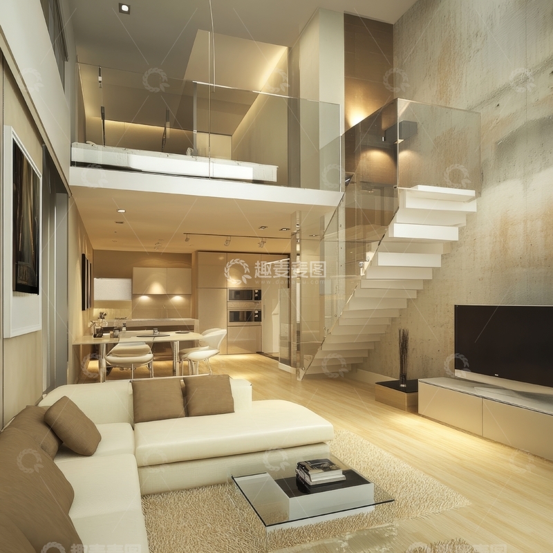 高清大图下载【趣麦麦图】现代简约客厅与开放式厨房设计