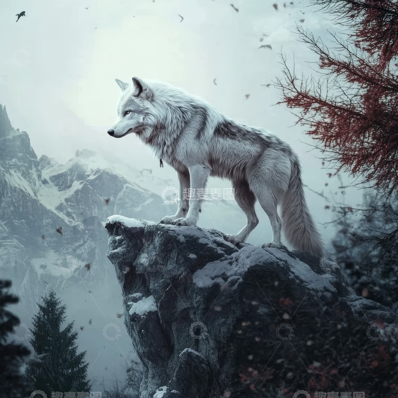 高清大图下载【趣麦麦图】雪狼伫立岩石之上，远眺雪山