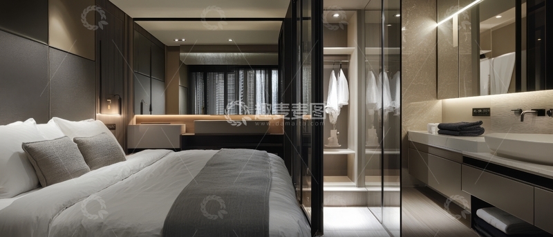 高清大图下载【趣麦麦图】现代简约卧室与浴室相连设计