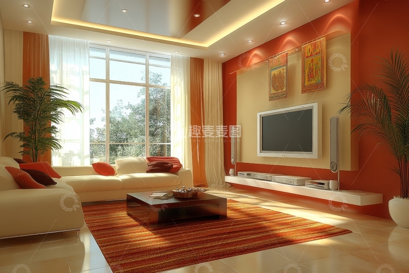 高清大图下载【趣麦麦图】现代客厅设计，橙色主题装饰