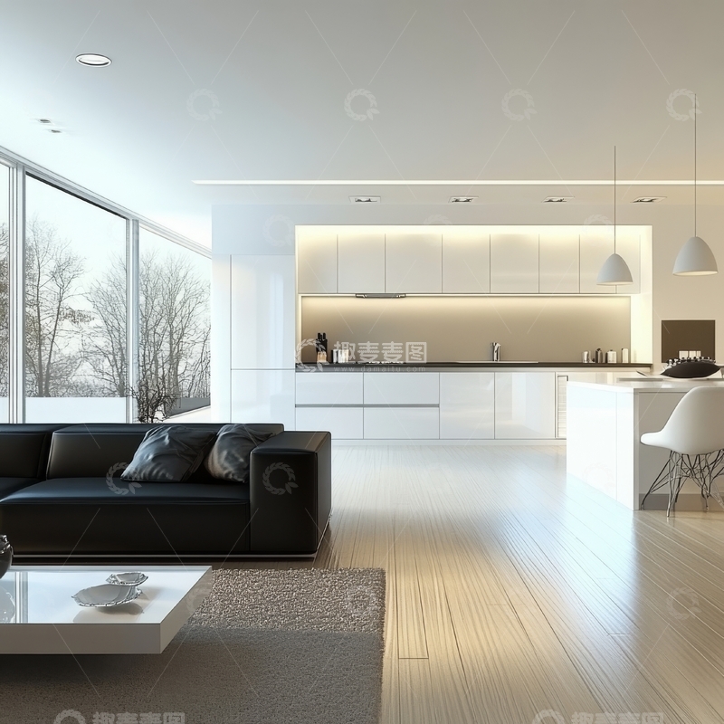 高清大图下载【趣麦麦图】现代简约客厅与开放式厨房设计