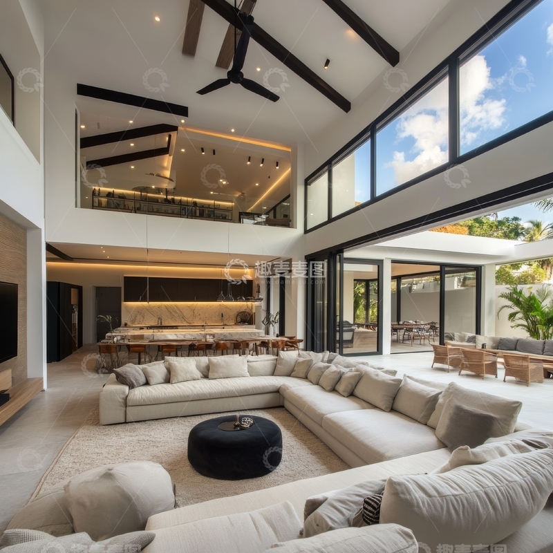 高清大图下载【趣麦麦图】现代豪华客厅与开放式厨房设计