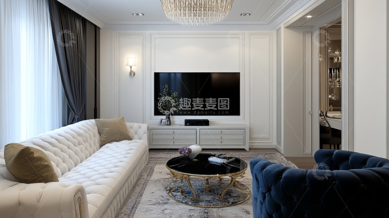 高清大图下载【趣麦麦图】现代客厅设计，白色沙发与深色椅子搭配
