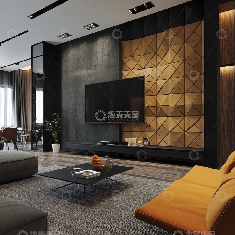 高清大图下载【趣麦麦图】现代客厅设计，金色几何墙与橙色沙发