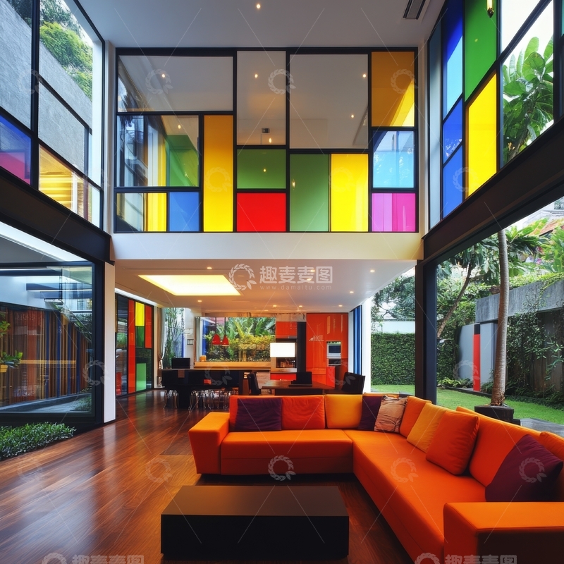 高清大图下载【趣麦麦图】现代客厅设计，色彩斑斓的玻璃墙