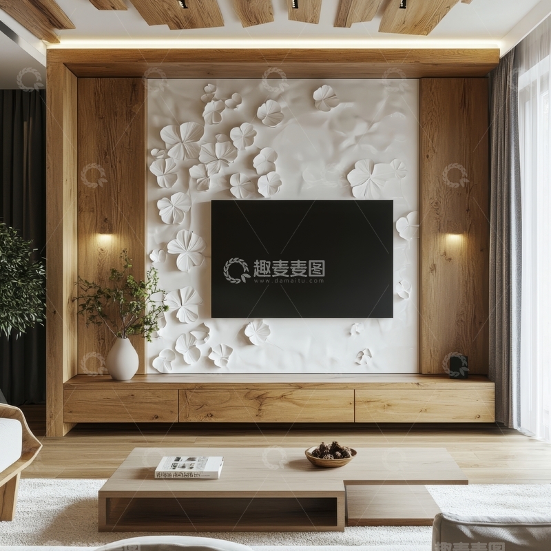 高清大图下载【趣麦麦图】现代简约客厅设计，木质与花卉装饰墙