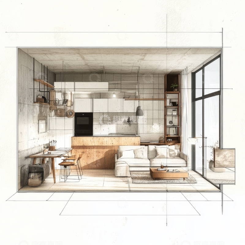 高清大图下载【趣麦麦图】现代简约客厅与厨房一体化设计