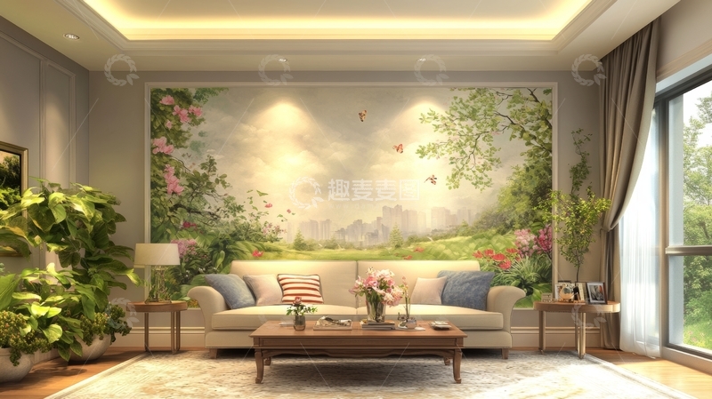 高清大图下载【趣麦麦图】温馨客厅，自然壁画装饰