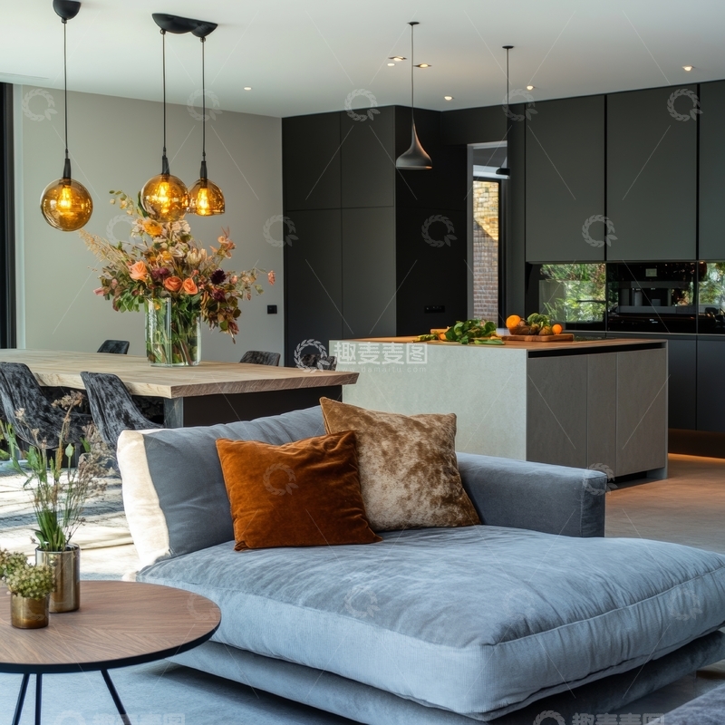 高清大图下载【趣麦麦图】现代简约厨房与客厅一体化设计