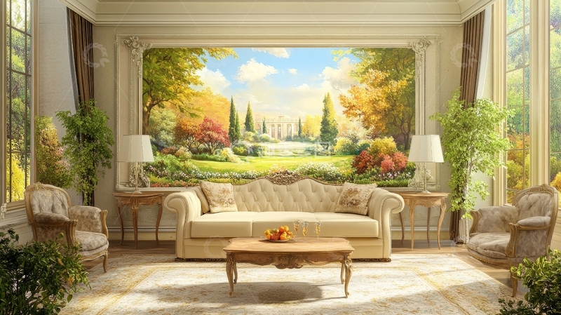 高清大图下载【趣麦麦图】豪华客厅与田园风光壁画