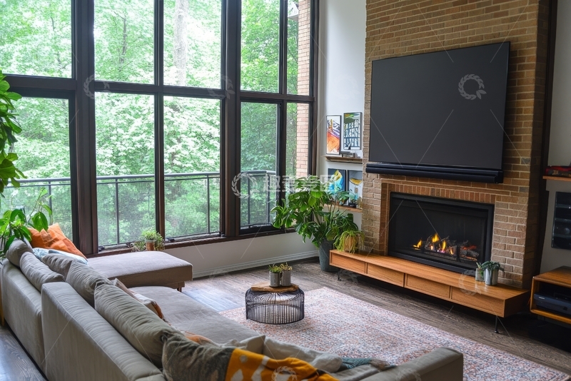 高清大图下载【趣麦麦图】现代客厅，壁炉与大窗绿景