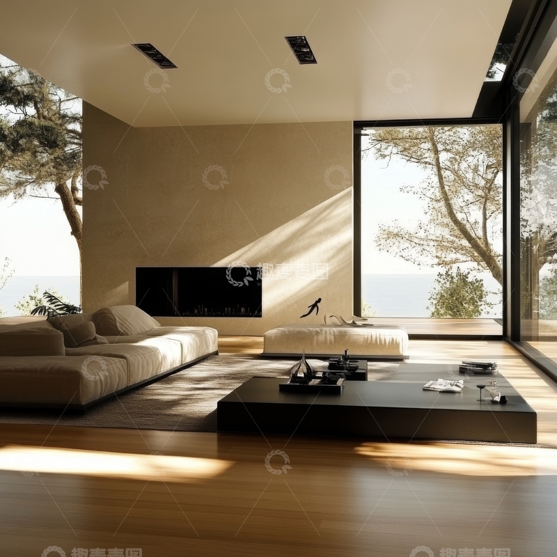 高清大图下载【趣麦麦图】现代简约客厅，阳光透过落地窗洒入