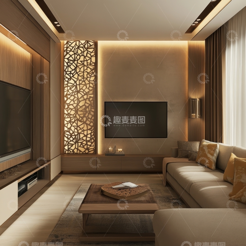 高清大图下载【趣麦麦图】现代客厅设计，温馨灯光与简约家具