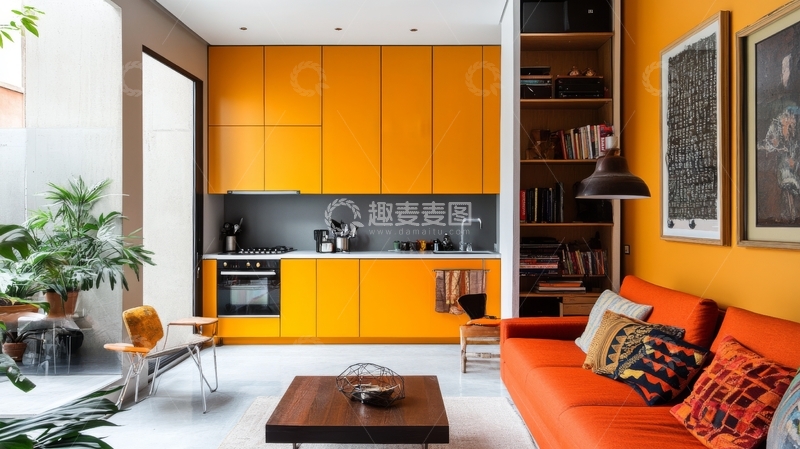 高清大图下载【趣麦麦图】现代橙色厨房与客厅一体化设计