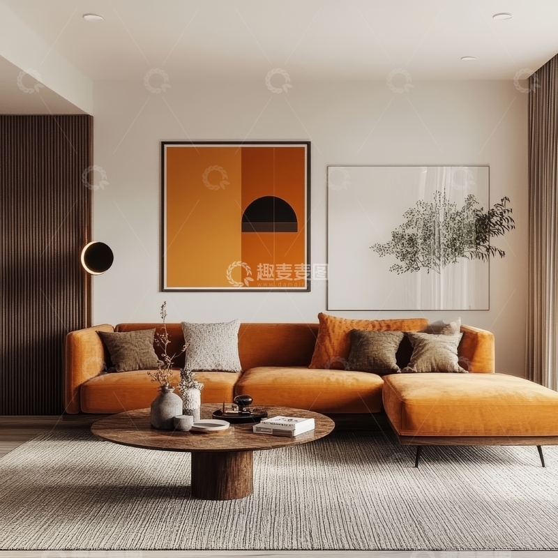 高清大图下载【趣麦麦图】现代客厅橙色沙发与艺术装饰