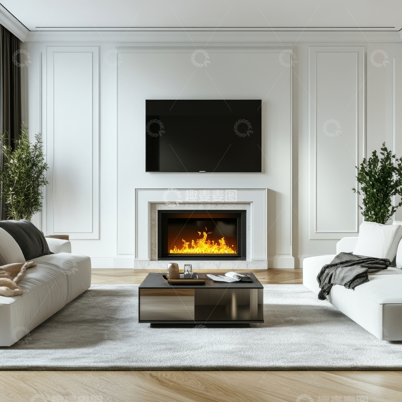 高清大图下载【趣麦麦图】现代客厅设计，壁炉与电视墙