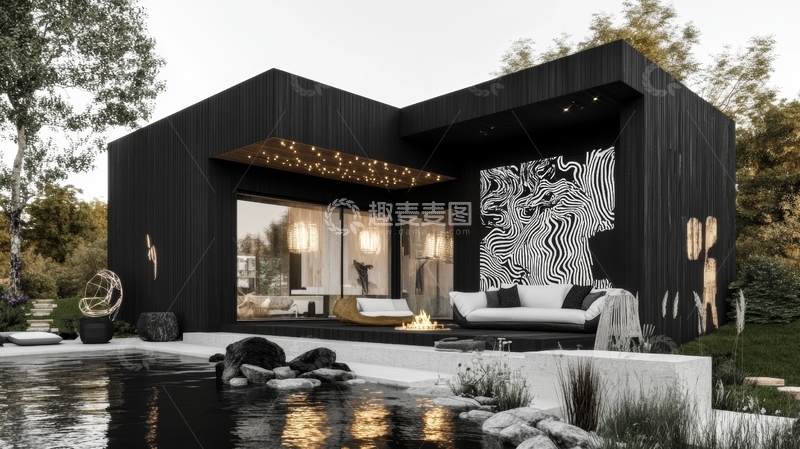 高清大图下载【趣麦麦图】现代黑色建筑与户外休闲区