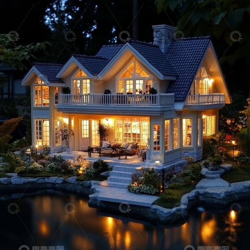 高清大图下载【趣麦麦图】温馨夜景中的双层别墅