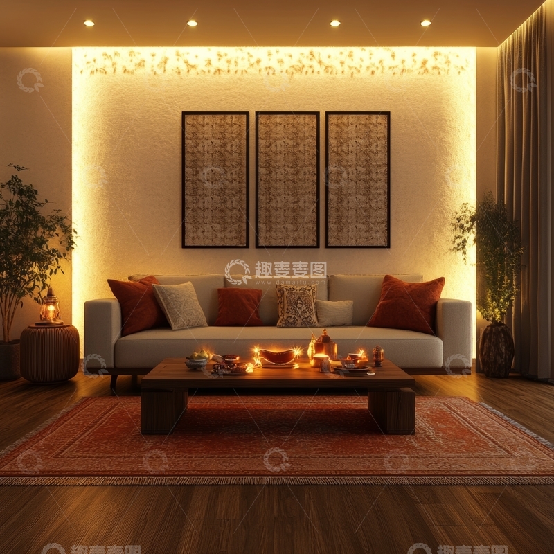 高清大图下载【趣麦麦图】温馨客厅夜景，灯光柔和装饰雅致