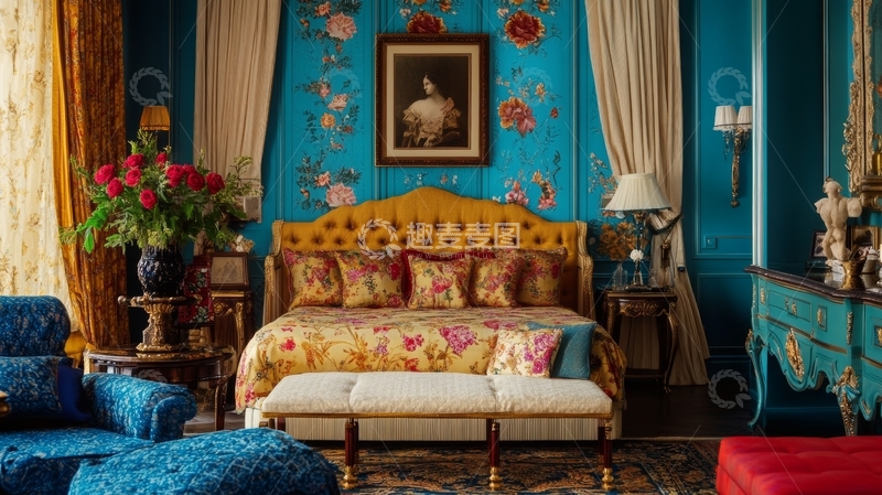 高清大图下载【趣麦麦图】华丽卧室，金色床架与蓝色花卉壁纸