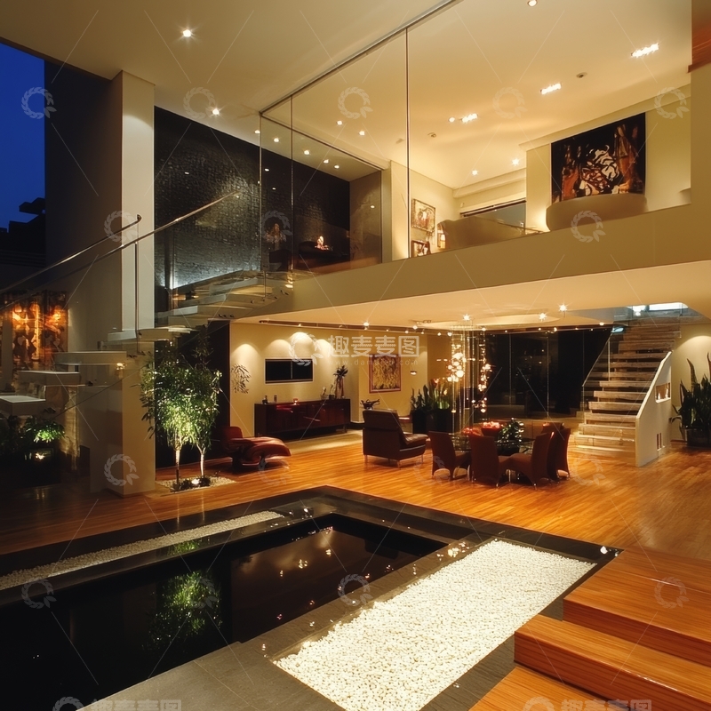 高清大图下载【趣麦麦图】现代豪宅室内设计，带泳池和双层挑高