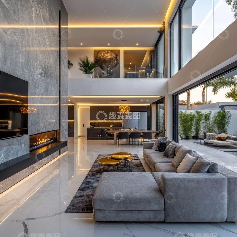 高清大图下载【趣麦麦图】现代豪华客厅与开放式厨房设计