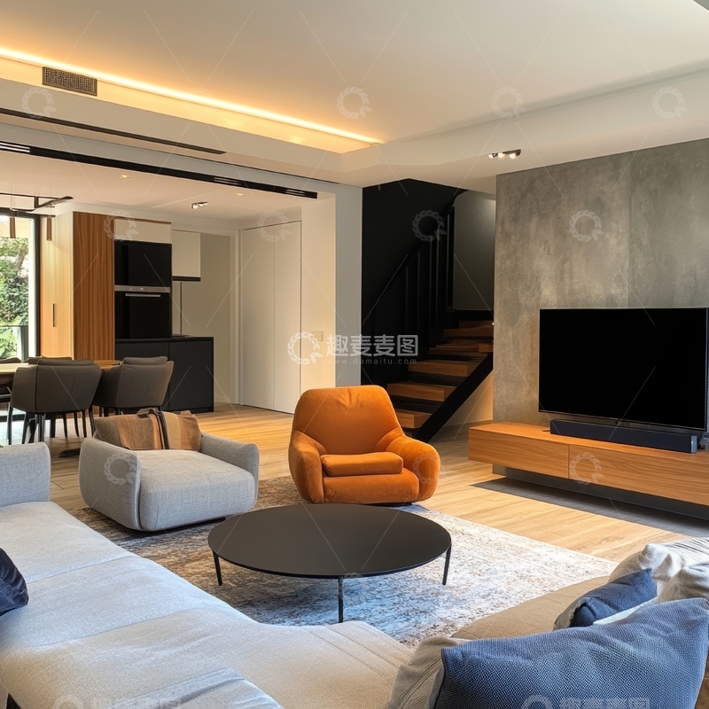 高清大图下载【趣麦麦图】现代简约客厅与餐厅开放式设计