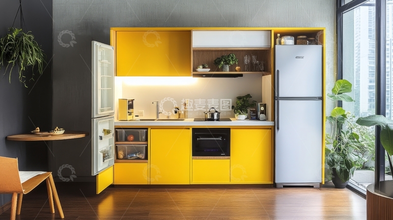 高清大图下载【趣麦麦图】现代厨房设计，黄色橱柜与白色电器