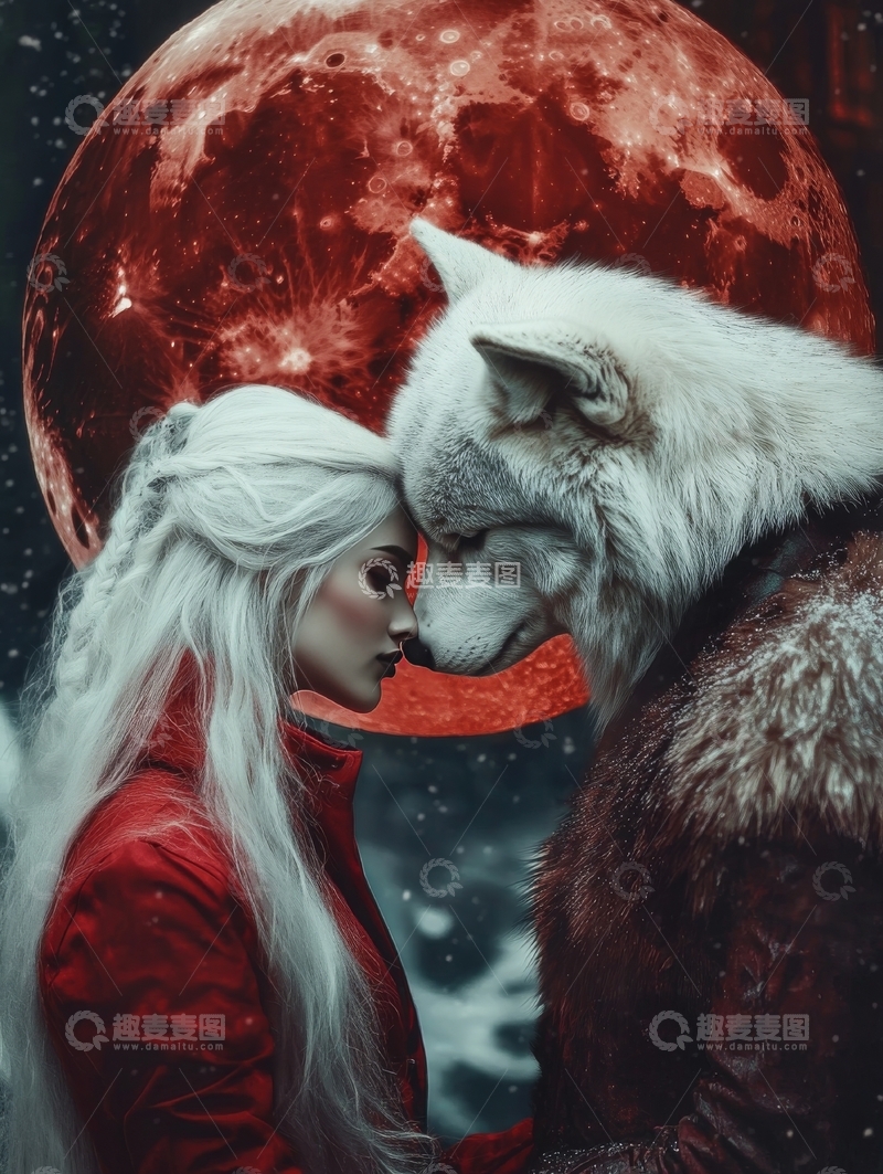 高清大图下载【趣麦麦图】红月之下，女子与狼的亲密瞬间