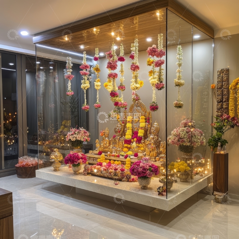 高清大图下载【趣麦麦图】华丽神龛装饰，鲜花与灯光点缀