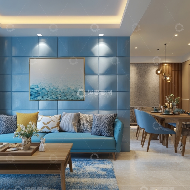 高清大图下载【趣麦麦图】现代蓝色客厅与餐厅相连的室内设计