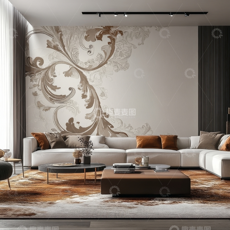 高清大图下载【趣麦麦图】现代客厅设计，优雅墙纸与舒适沙发