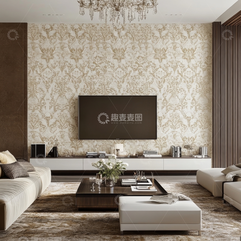 高清大图下载【趣麦麦图】现代客厅装饰，金色壁纸与简约家具