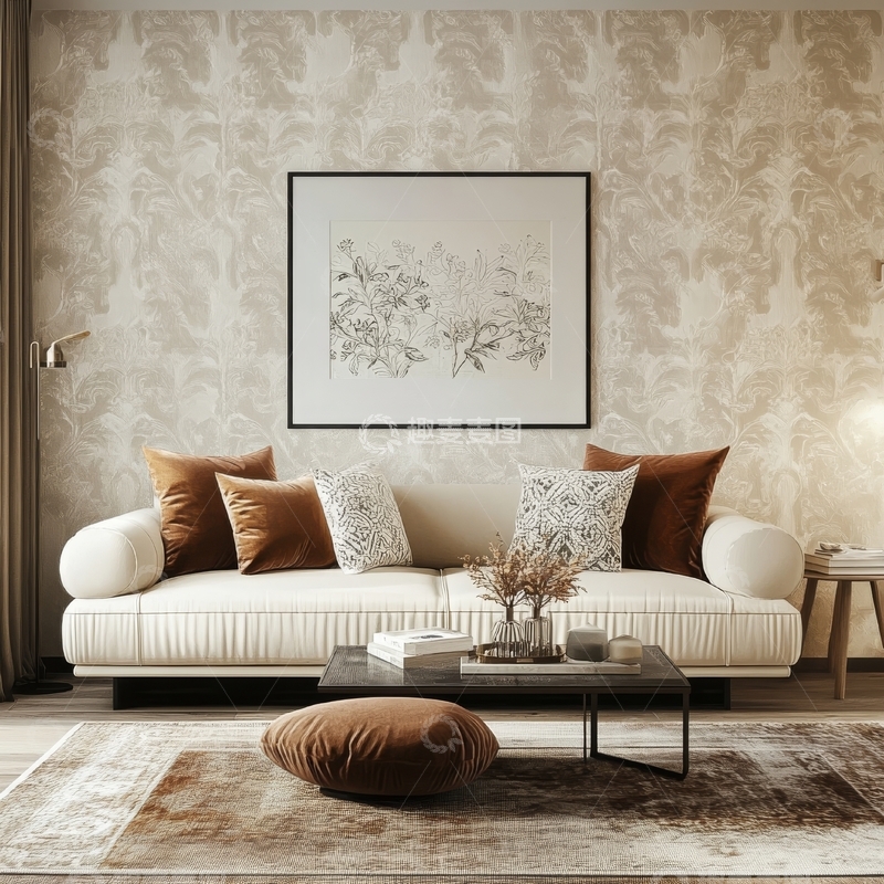 高清大图下载【趣麦麦图】温馨客厅布置，沙发与装饰画相映成趣