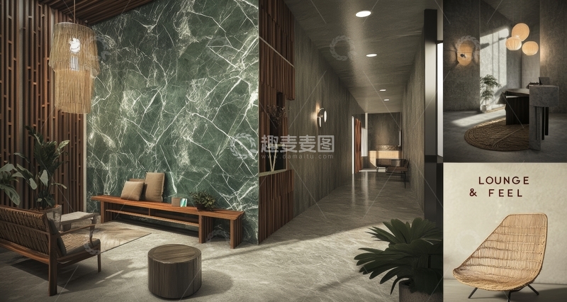 高清大图下载【趣麦麦图】现代简约室内设计，绿石墙与木质装饰
