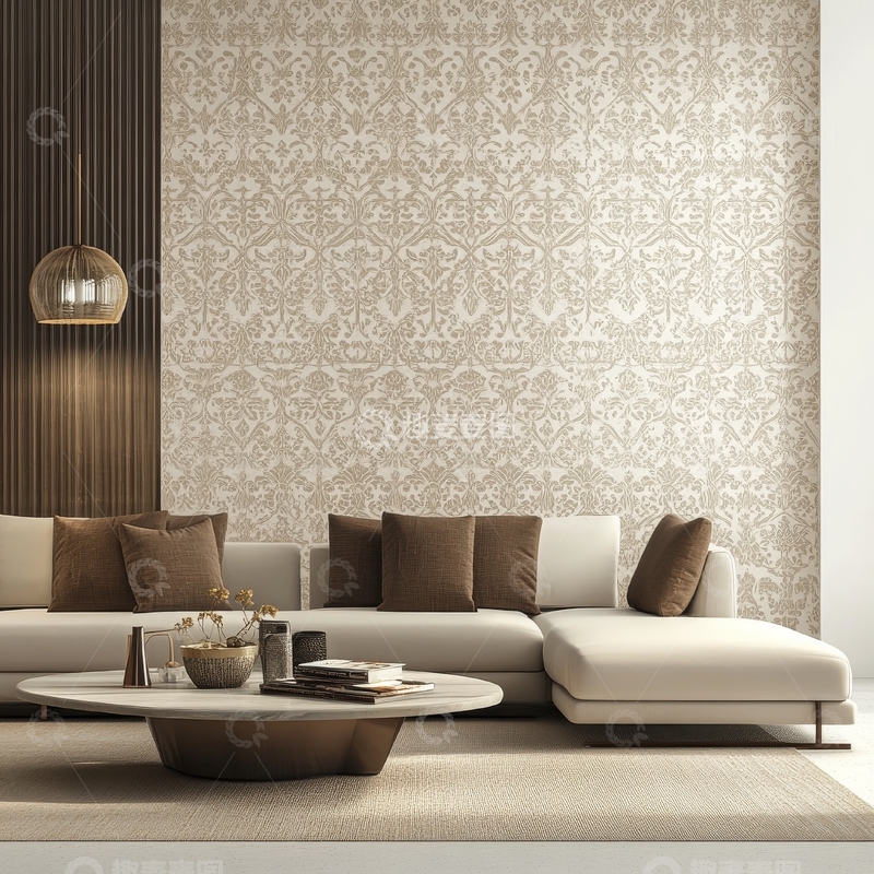 高清大图下载【趣麦麦图】现代客厅设计，米色沙发与花纹壁纸