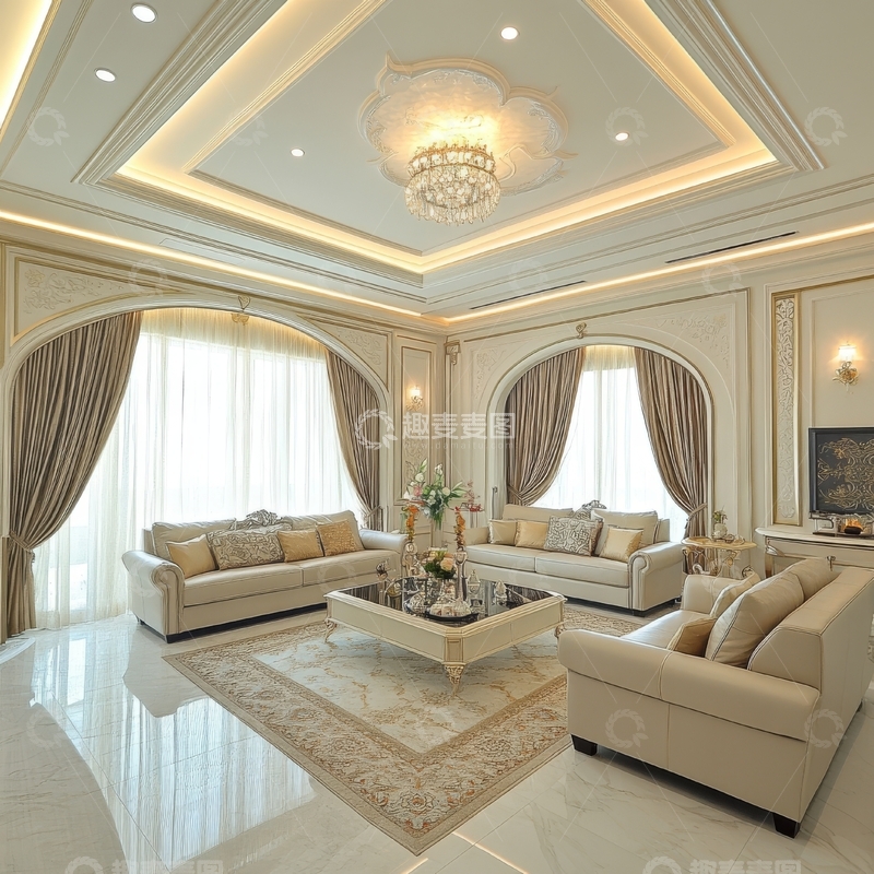 高清大图下载【趣麦麦图】豪华客厅设计，典雅沙发与精致吊灯