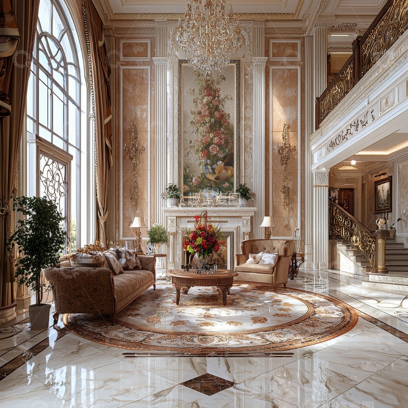 高清大图下载【趣麦麦图】豪华客厅设计，金色装饰与大理石地板