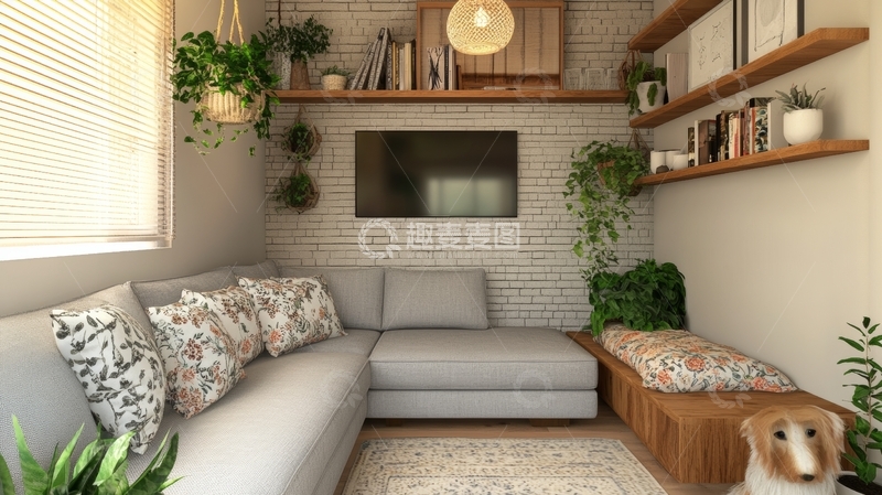 高清大图下载【趣麦麦图】温馨客厅布置，绿植与书架点缀