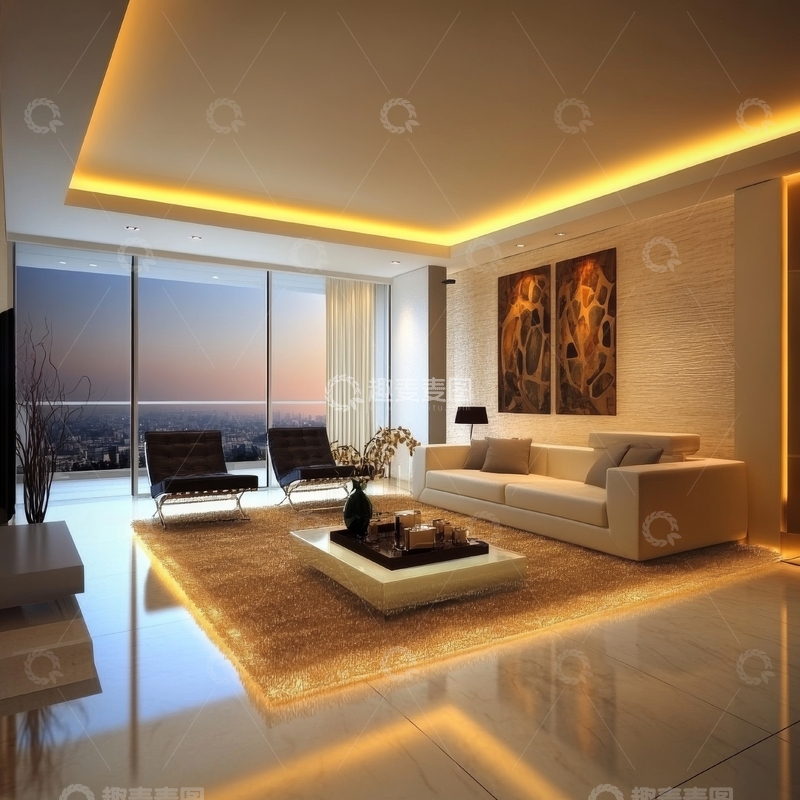 高清大图下载【趣麦麦图】现代客厅设计，温馨灯光与城市景观