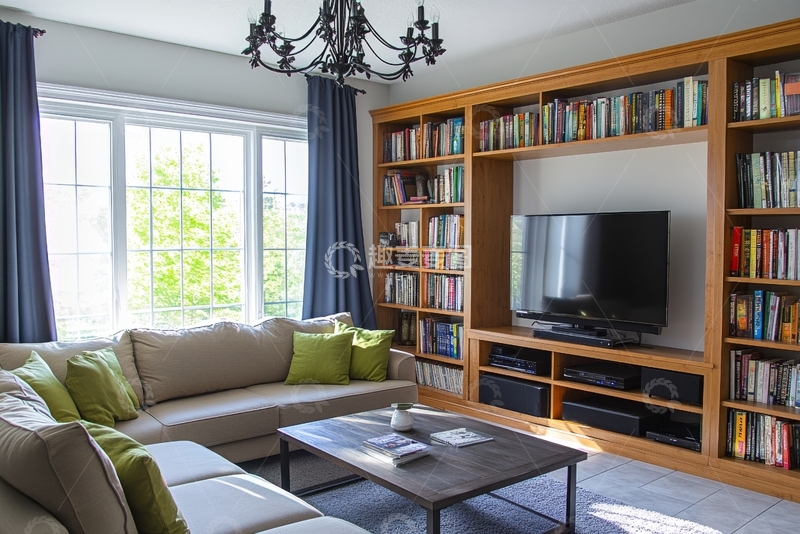高清大图下载【趣麦麦图】温馨客厅，书架电视与沙发布置